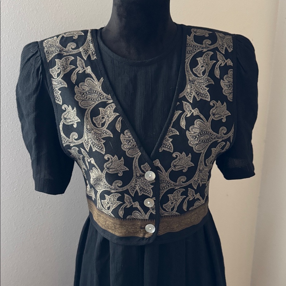 JBS‎ Ltd. Vintage Black tan vintage vest overlay Women's midi Dress Sz 8P - Picture 2 of 6